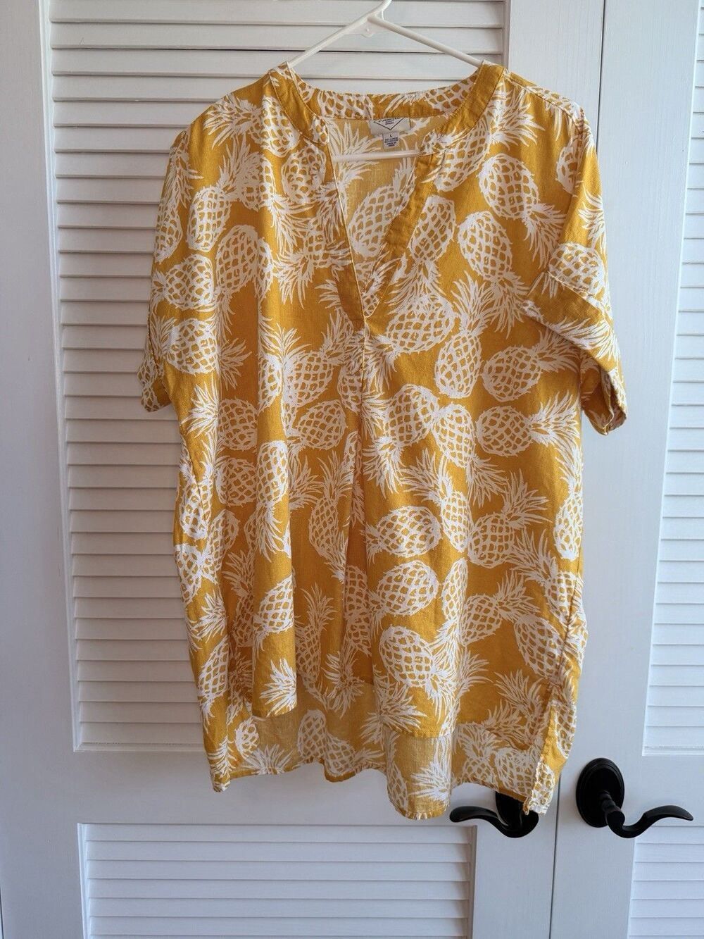 St John’s Bay Pineapple Linen Blend Tunic Top L Yellow Tropical Beach Coastal